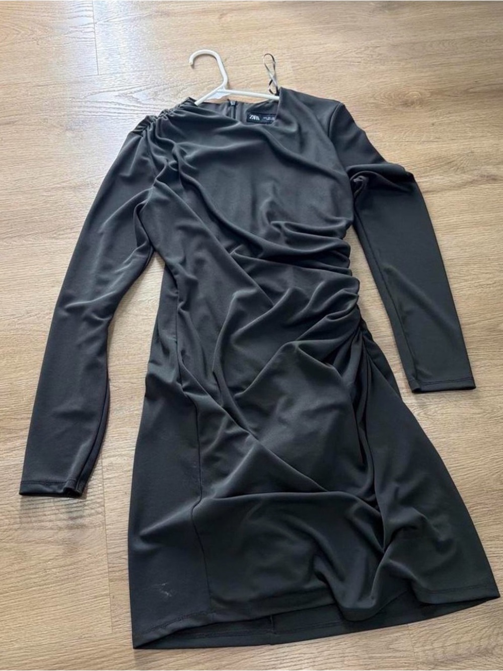 Zara dark gray Long Sleeve Ruched Midi Dress Large